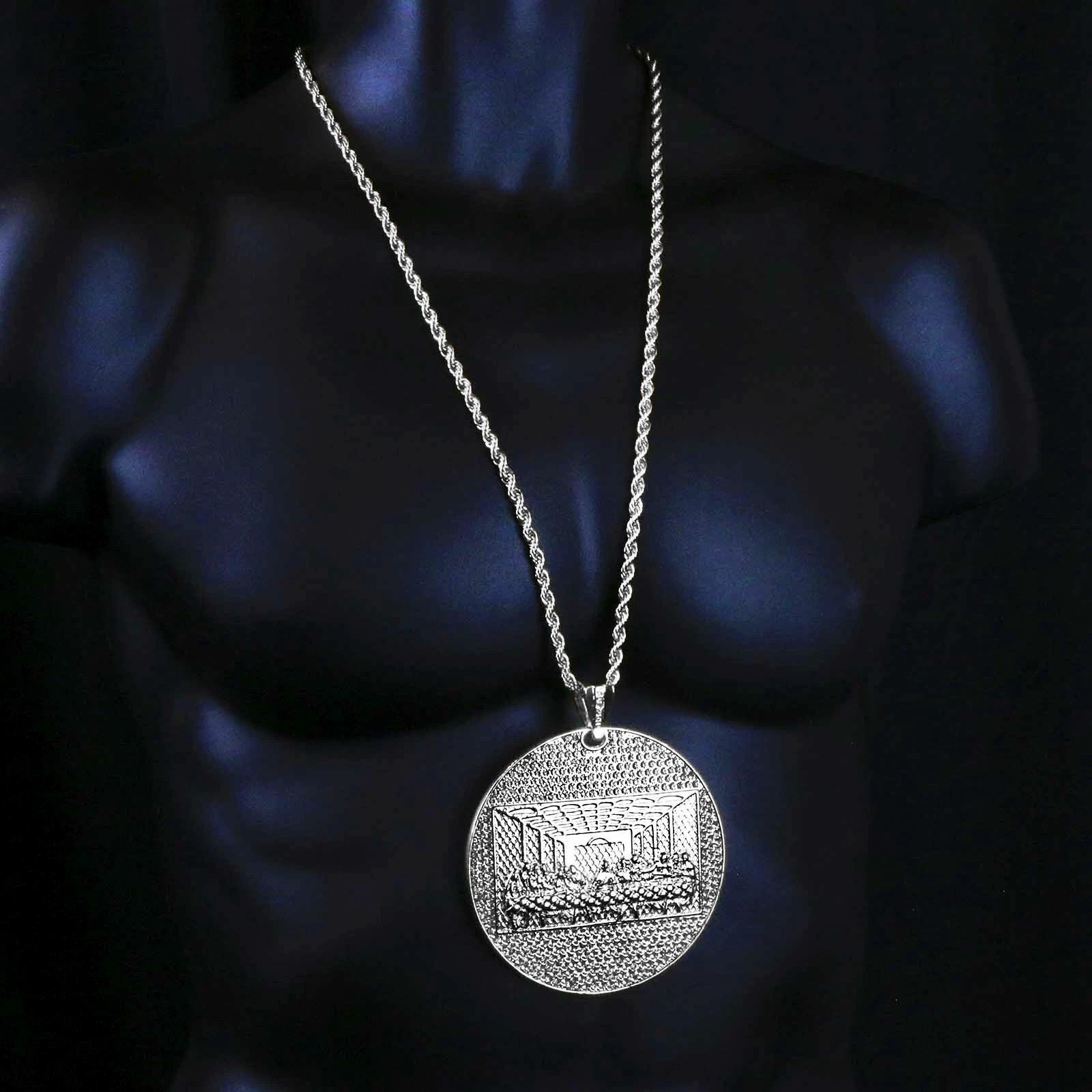 925 Silver Plated ” Huge LAST SUPPER” Pendant Cubic Zirconia 30″ Rope Chain