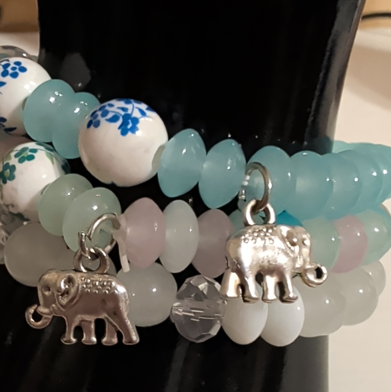 Multicolor Glass Round Beaded Stretch Stackable Bracelets w/ Elephant Dangle