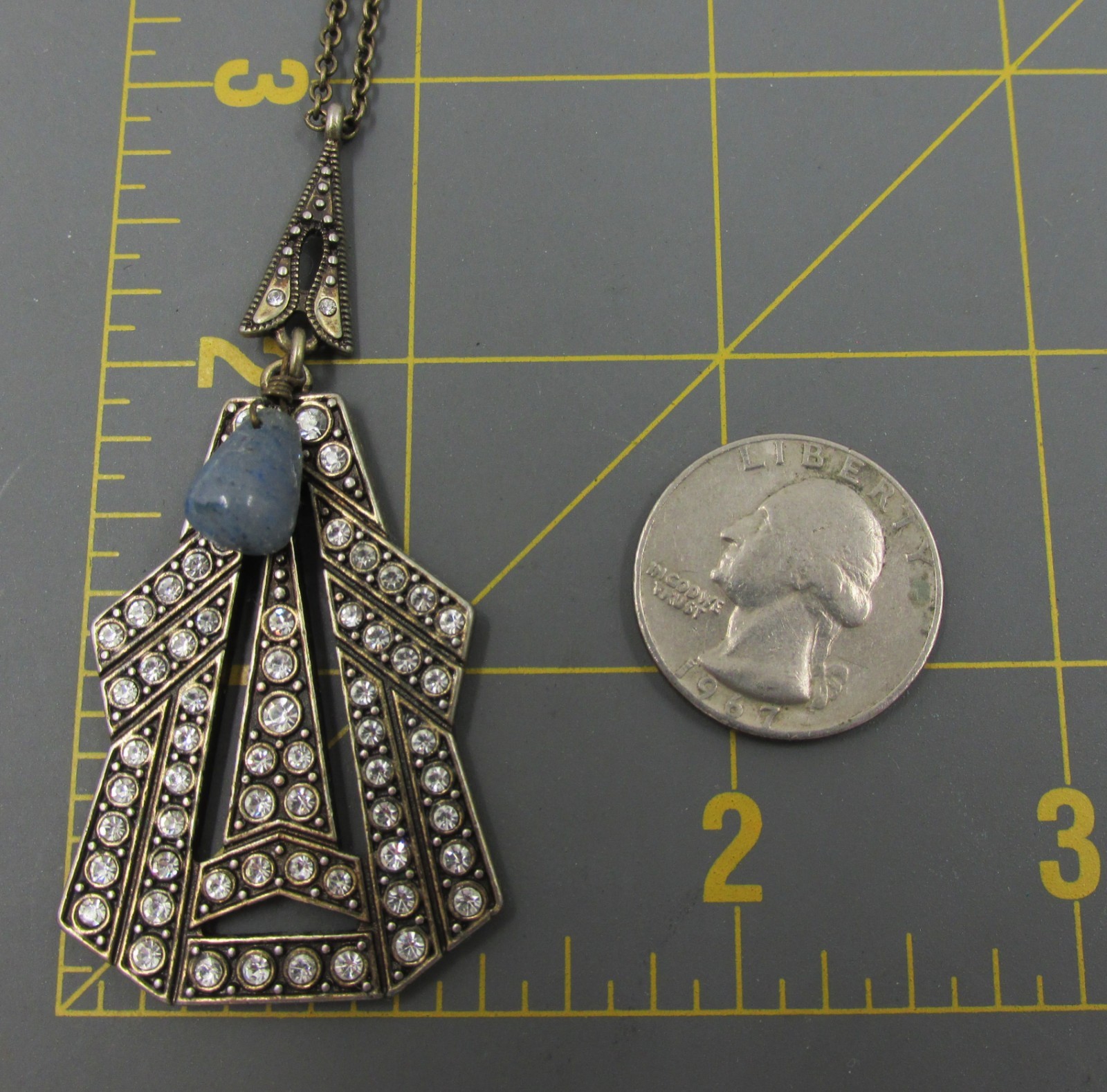 Art Deco Inspired Signed Cabi Speakeasy Pendant Necklace Rhinestones Glass Stone