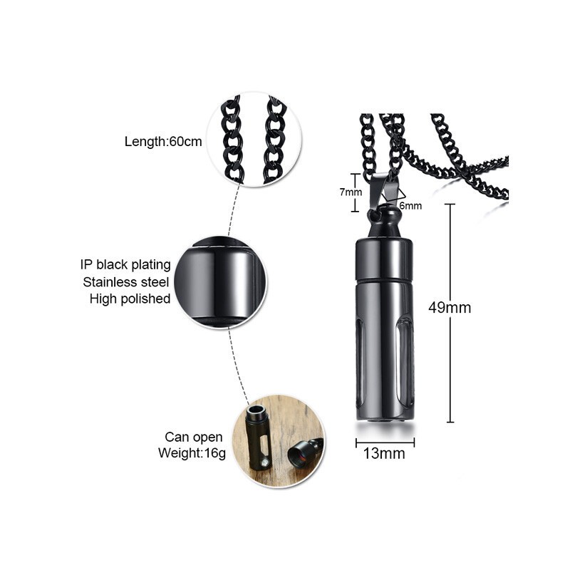 Stainless Steel Pendant Necklace Ash Urn Cremation Memorial Glass Container Men