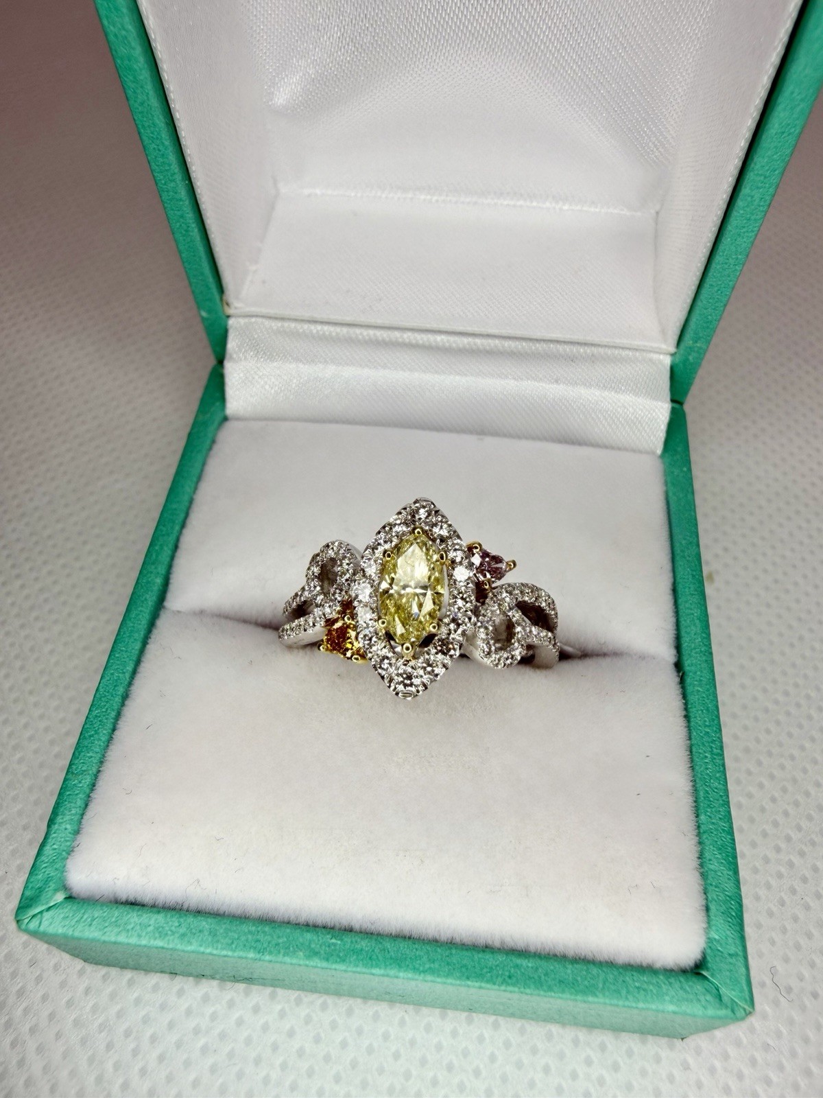 1.39 CTW Fancy Yellow Marquise & Multi-Color Diamond Halo Ring in 18K White Gold