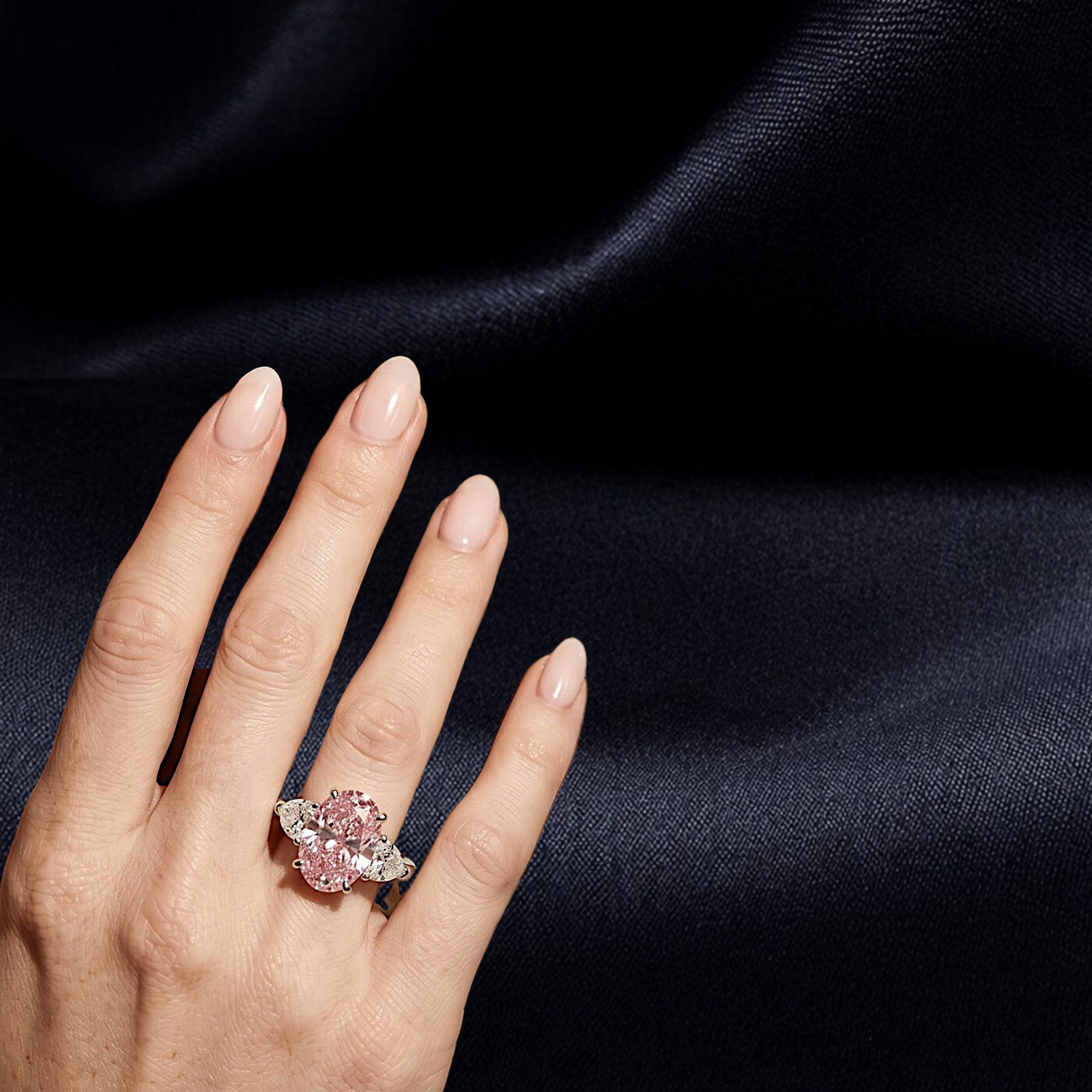 14k White Gold Ring 3.80 Ct IGI Lab Created Fancy Intense Pink Oval Cut Diamond