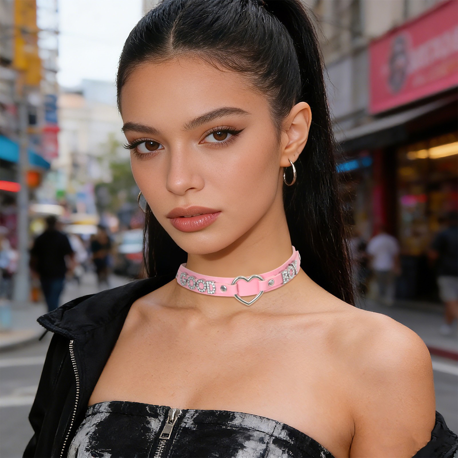 “GOOD BOY” Women’s Punk Letter Black Heart PU Leather Choker Necklace Adjustable