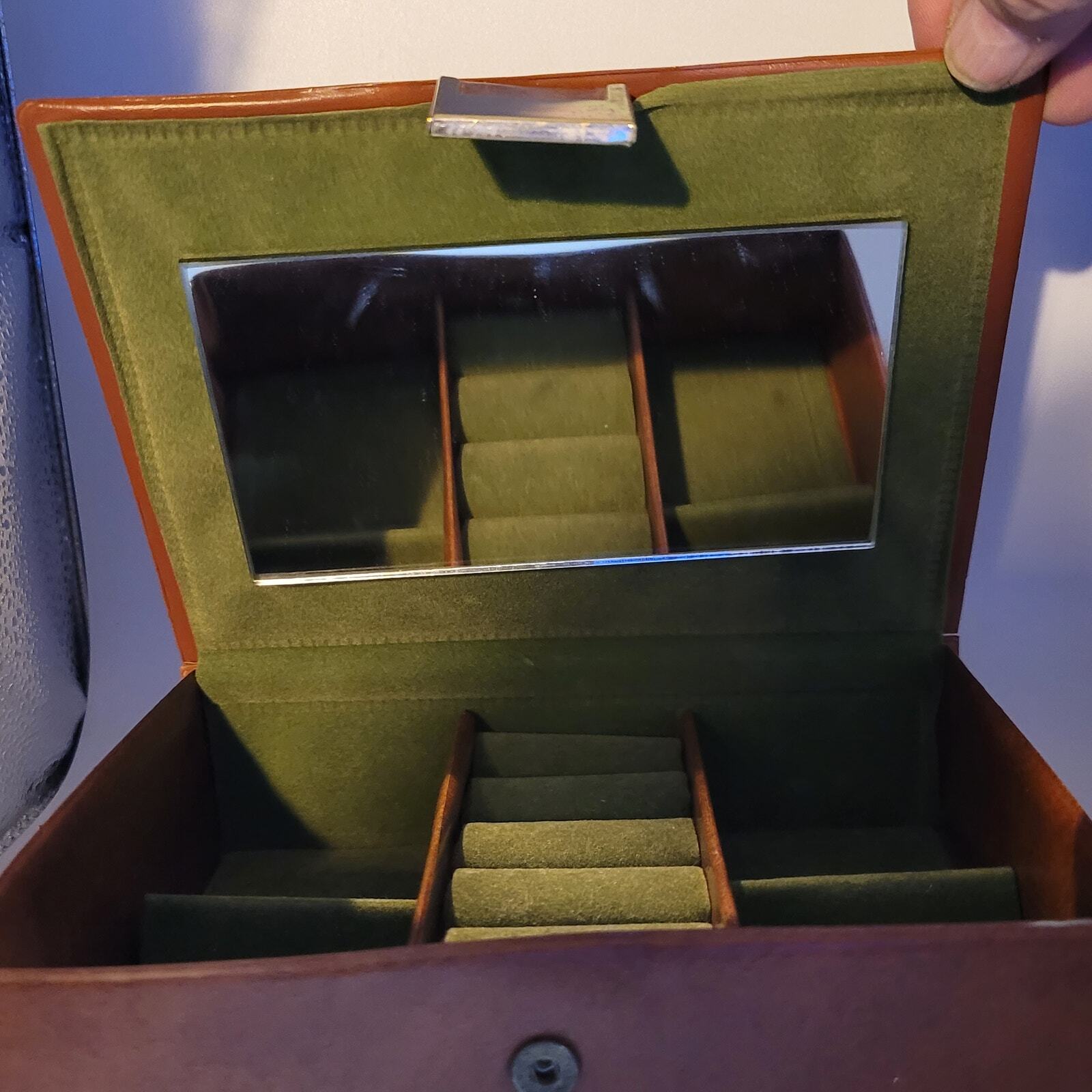Faux leather Jewelry box ~ framed fabric insert ~ felted interior ~ mirror