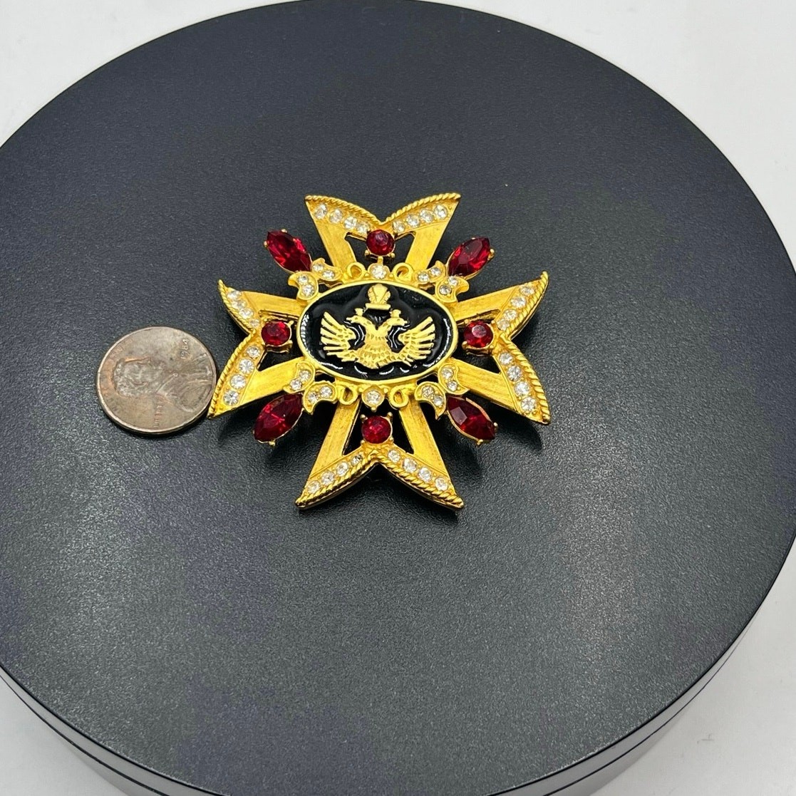 Russian Maltese Cross Red Rhinestone Black Enamel Pearl Crown Eagle Brooch