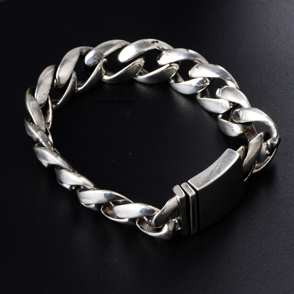 Pure S925 Sterling Silver Cuban Chain 13mm Curb Link Bracelet 72-73g 8.26in