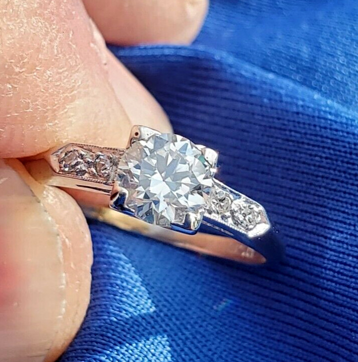 Original EARTH MINED DIAMOND Deco Engagement Ring Vintage PLATINUM Solitaire S 5