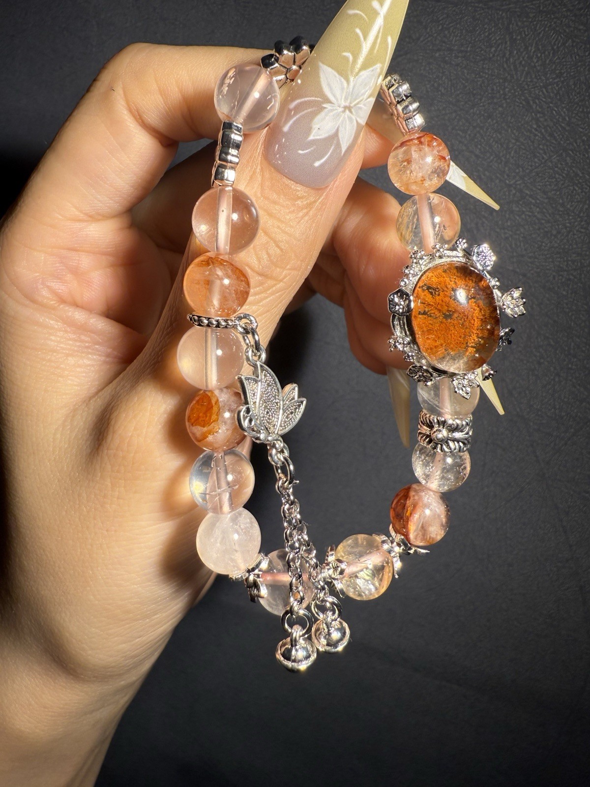 9.2mm High Grade Natural Fire Hematoid Crystal/ Phantom Crystal Charm Bracelet