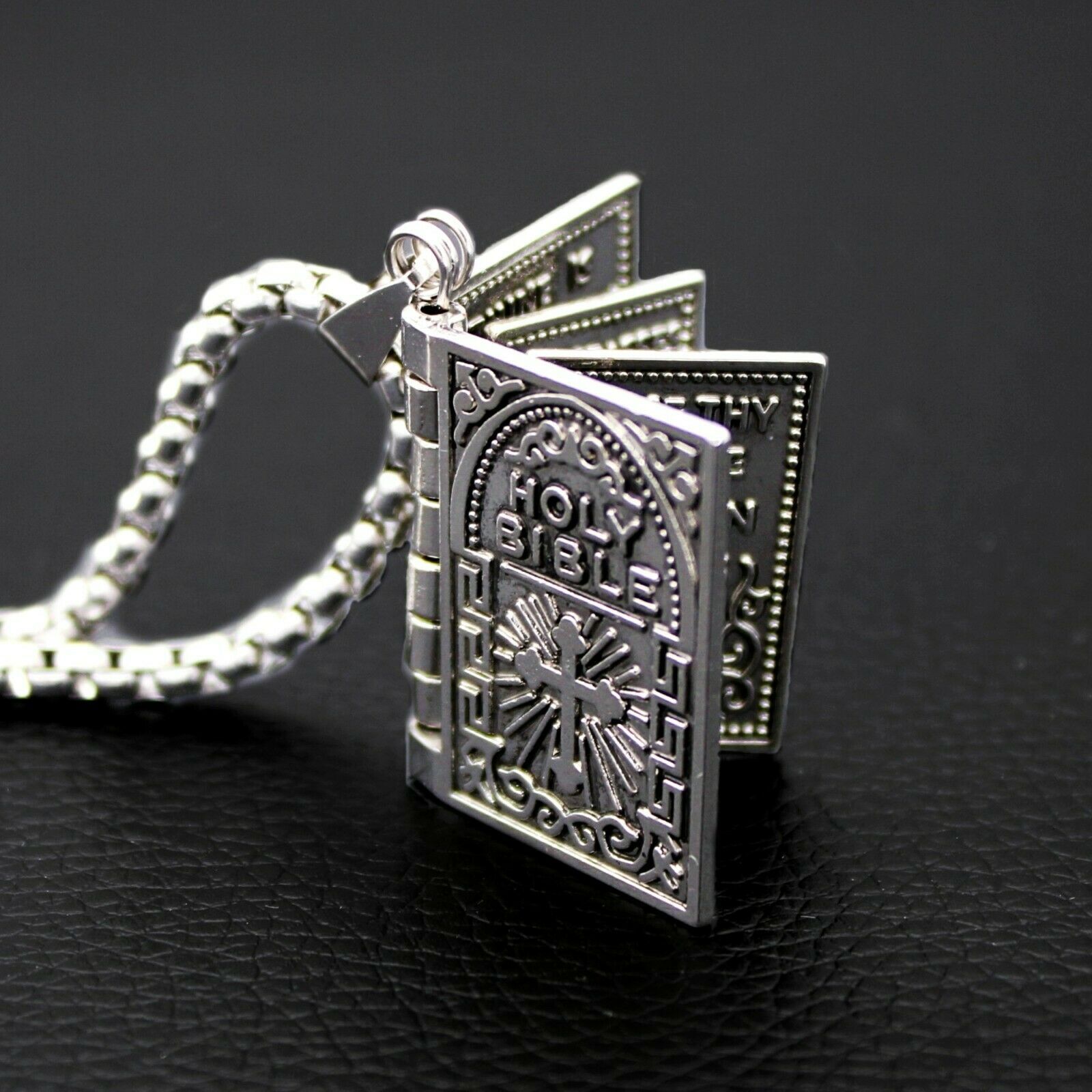 2PCS Lord’s Prayer Holy Bible Open Pages Locket Pendant Necklace 925 Silver USA