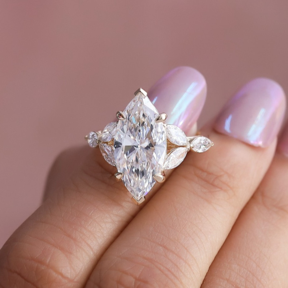 6.80 Ct Marquise Lab Grown Diamond Leaf Engagement Ring 14K Yellow Gold