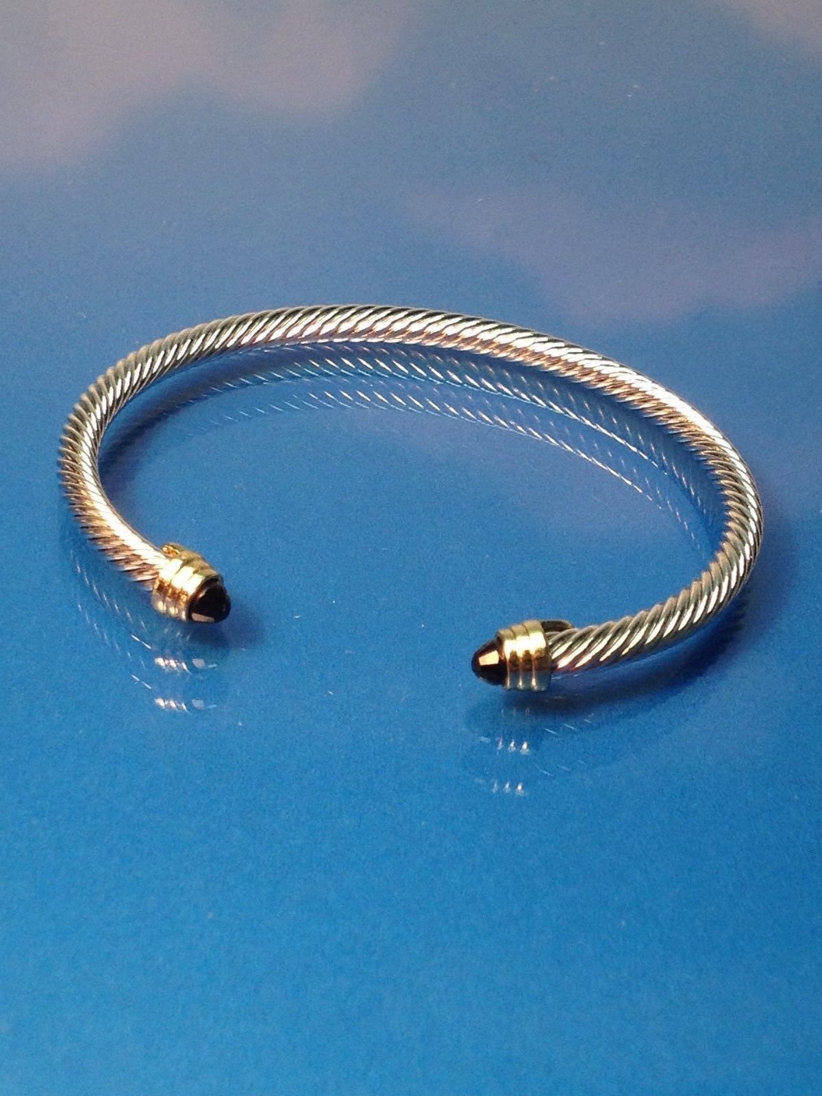 DESIGNER INSPIRED BANGLE SILVER FINISH GOLD CRYSTAL TIPS CLASSIC CUFF BRACELET
