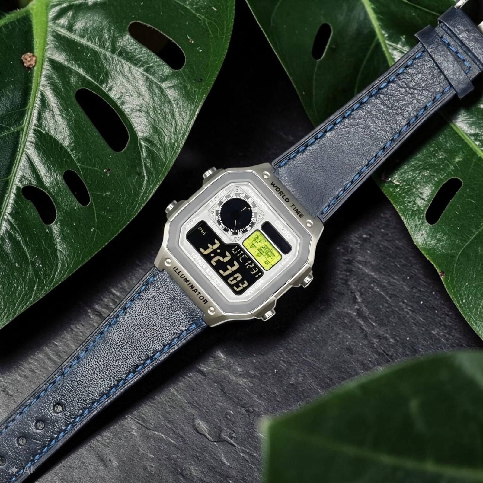 Silver CASIO AE-1200WHD. Royale Watch Mod. Negative Display. Green World Map