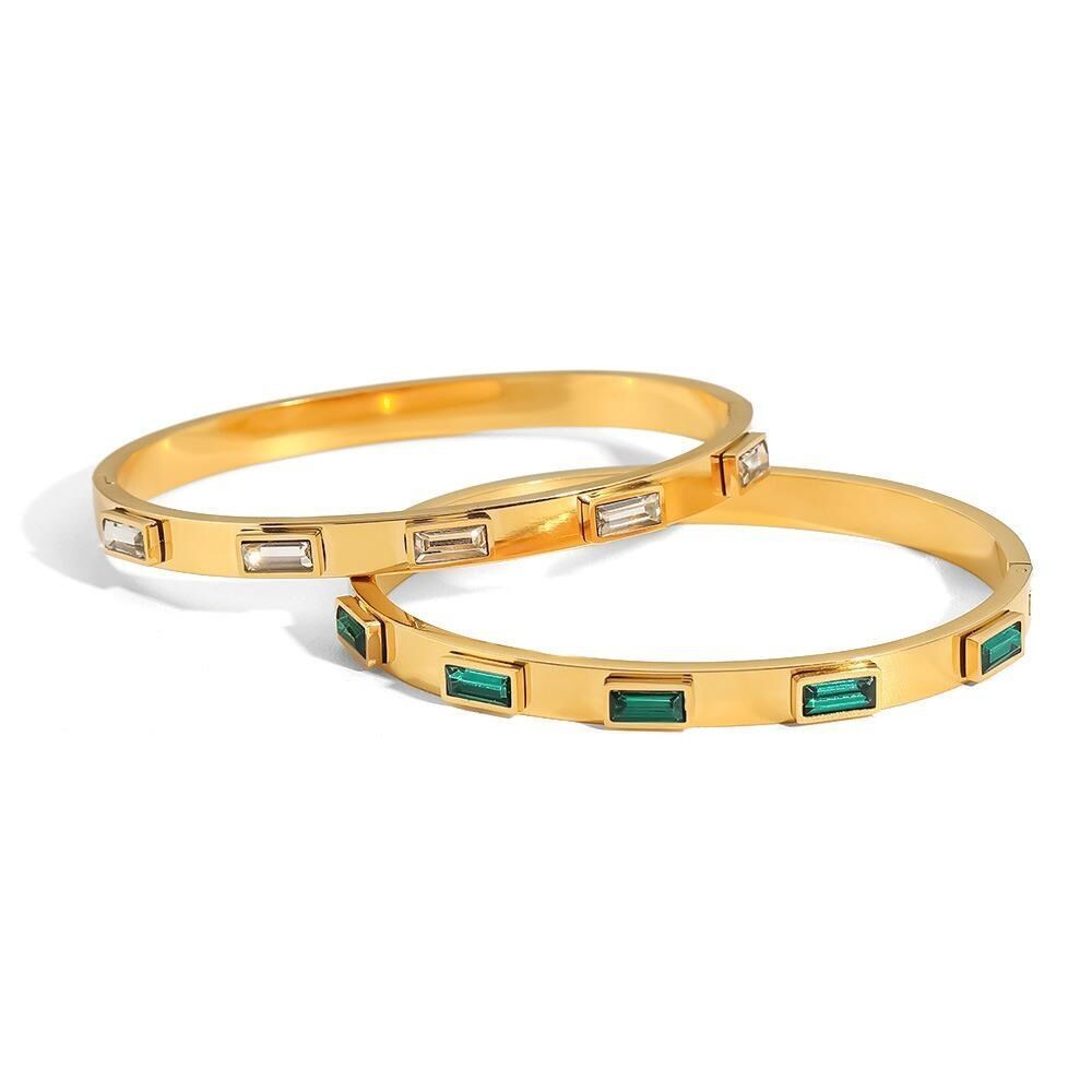 Woman 18K Gold Plated Stainless Steel Square Cubic Zircon Cuff Bracelet Bangle