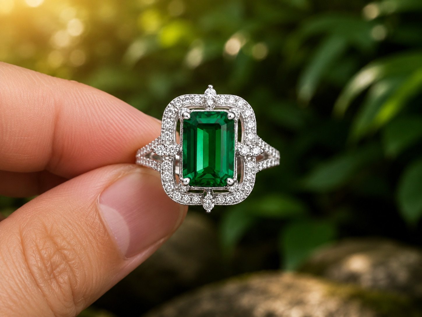 4Ct Lab Created Green Emerald Halo Engagement Wedding Ring 14k White Gold Plated