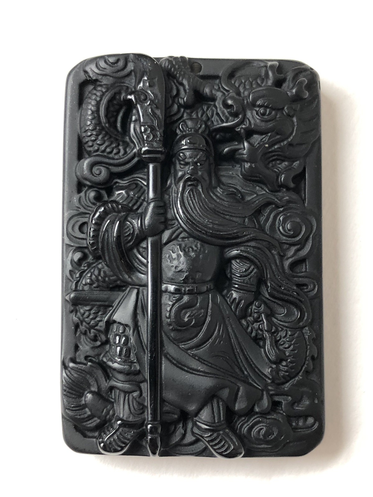 Guan Gong Natural Black Obsidian Necklace Dragon Glass Pendant ‘Guan Yu’ NEW EX