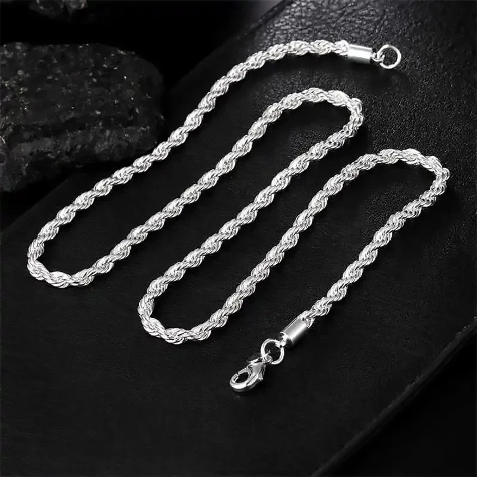 New Men’s Italian 4mm Diamond Cut Rope Chain Solid 925 Sterling Silver Necklace