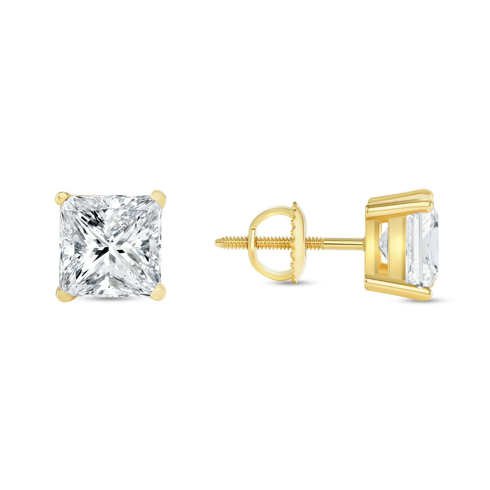 4 Ct Princess Cut Created Diamond Real 14K Yellow Gold Stud Earrings Screw Back