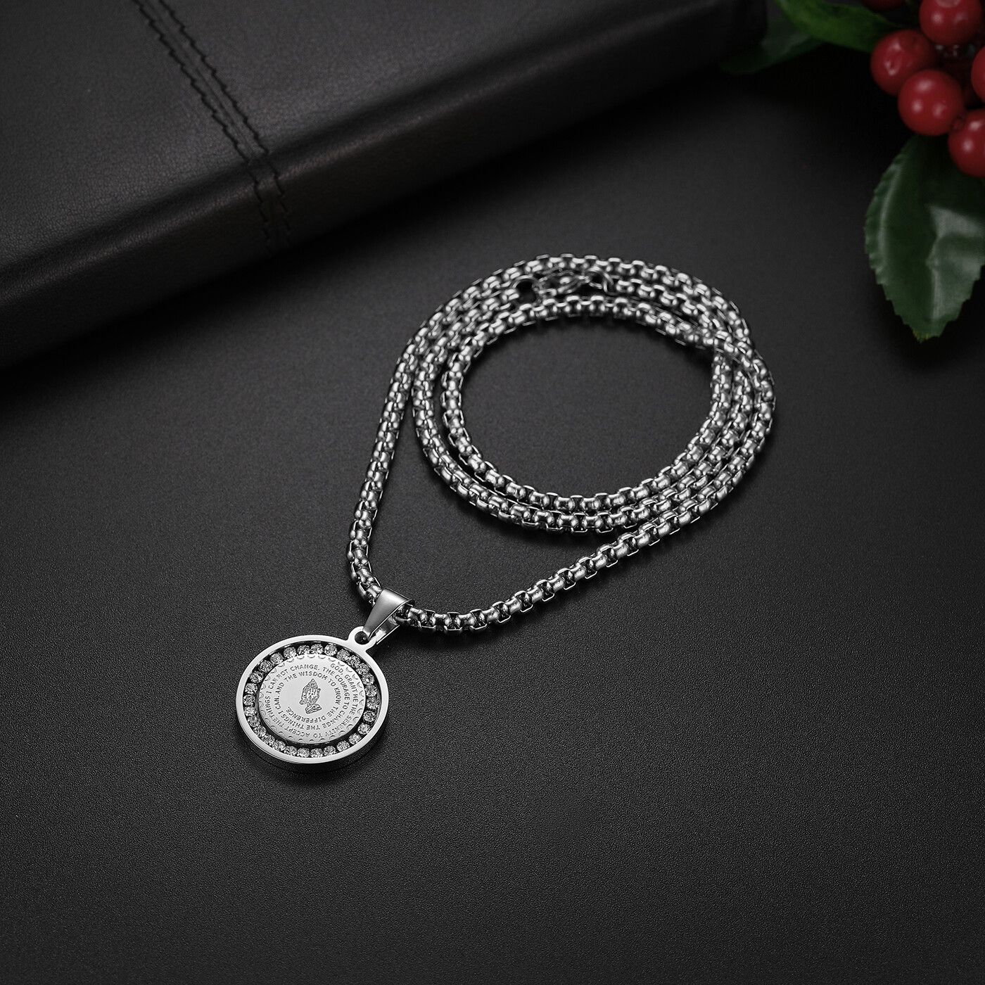 Men’s Stainless Steel Rhinestone Bible Text Prayer Tag Pendant Necklace Chain