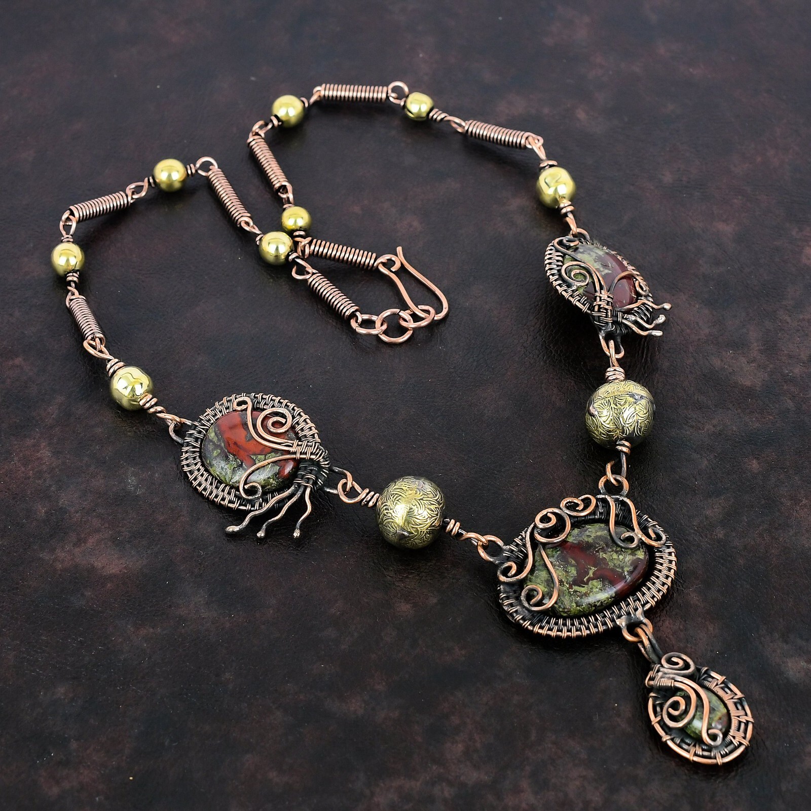 Dragon Bloodstone Wire Wrapped Chain Adjustable Necklace Copper For Women 18.0″