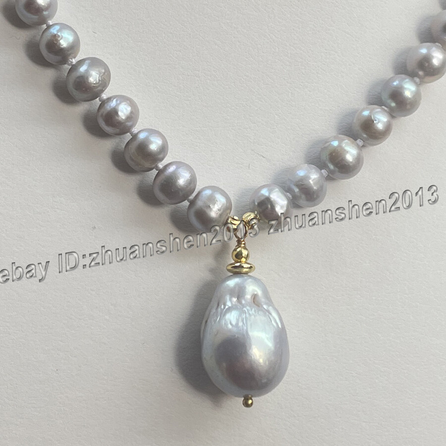 Natural 7-8mm/15x20mm Silver Gray Keshi Baroque Pearl Pendant Necklace +Earrings