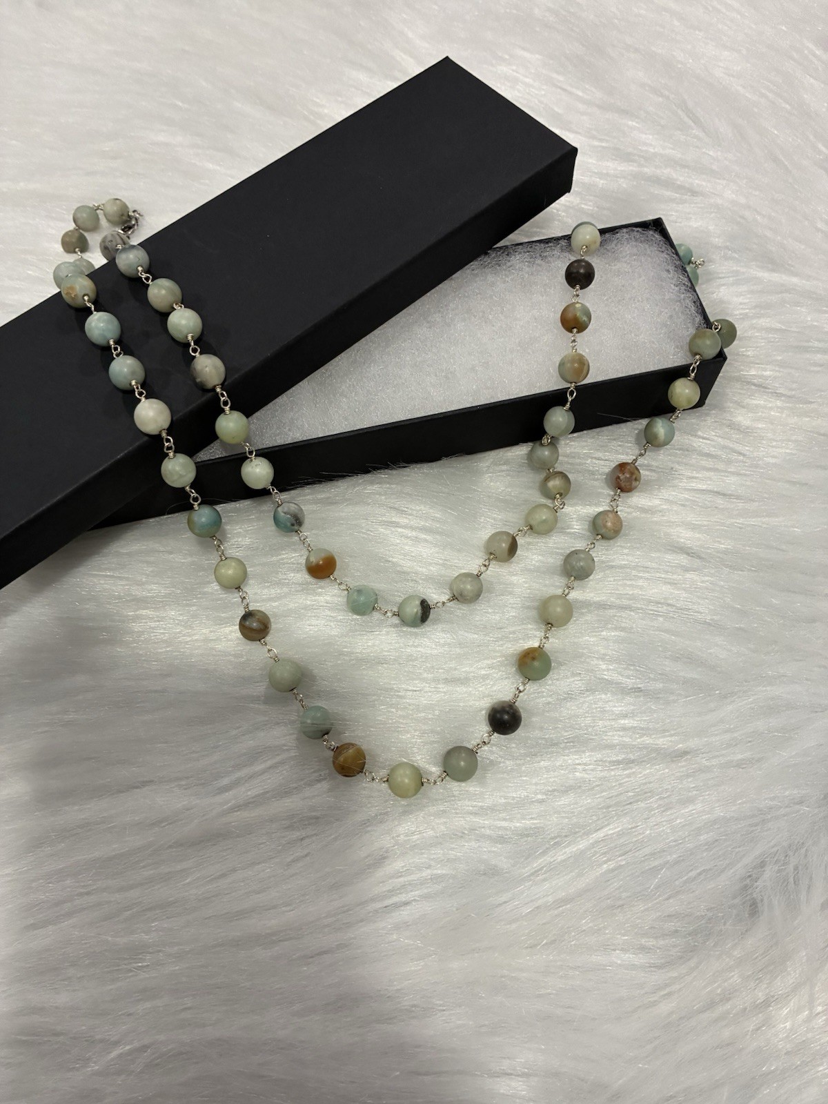 36 Inch Genuine Amazonite Beaded Boho Necklace – Sterling Silver 925 Clasp