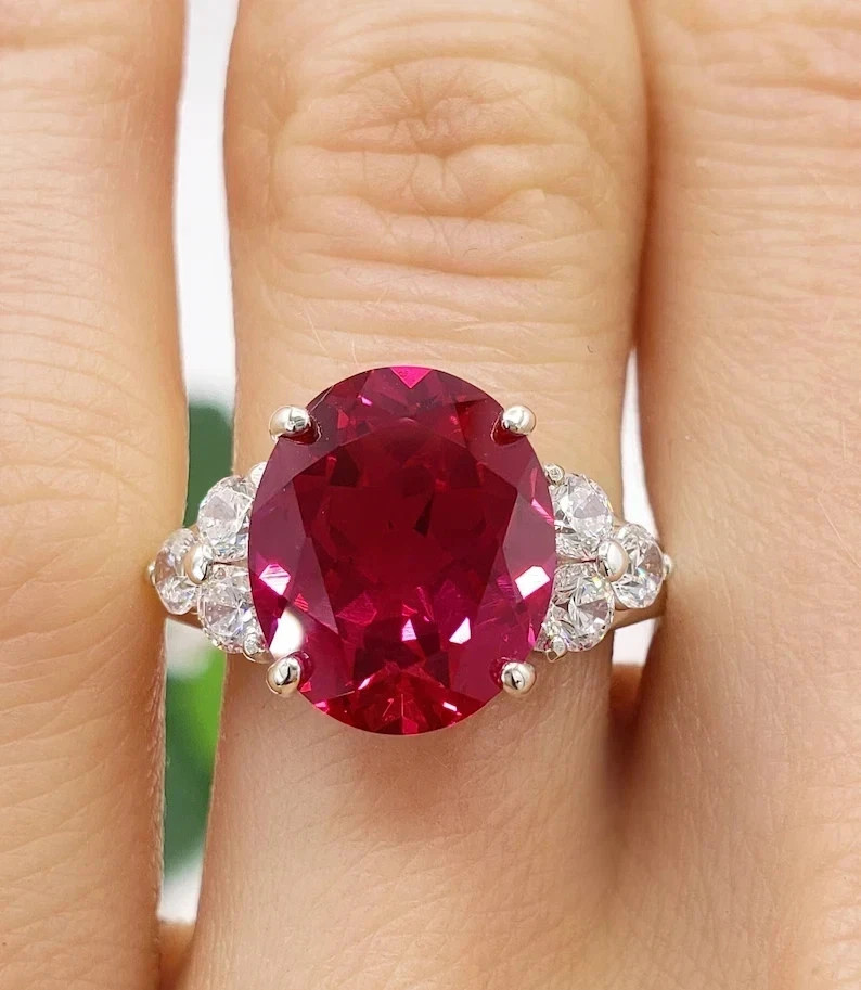 5Ct Oval Cut Lab Created Ruby Solitaire Wedding Ring 14K White Gold Plated