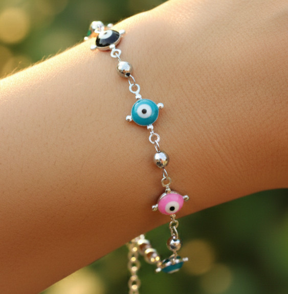 Elegant Multi-Color Beaded Evil Eye Bracelet | Handmade 925 Silver Plated Chain