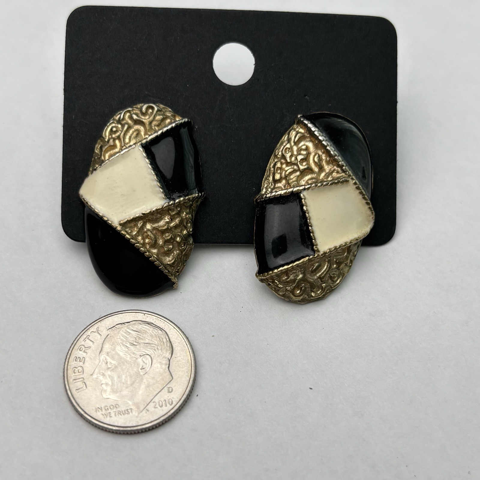 Vintage Enamel Earrings Black gold cream BOLD 90’S Textured Post Pierced Backs