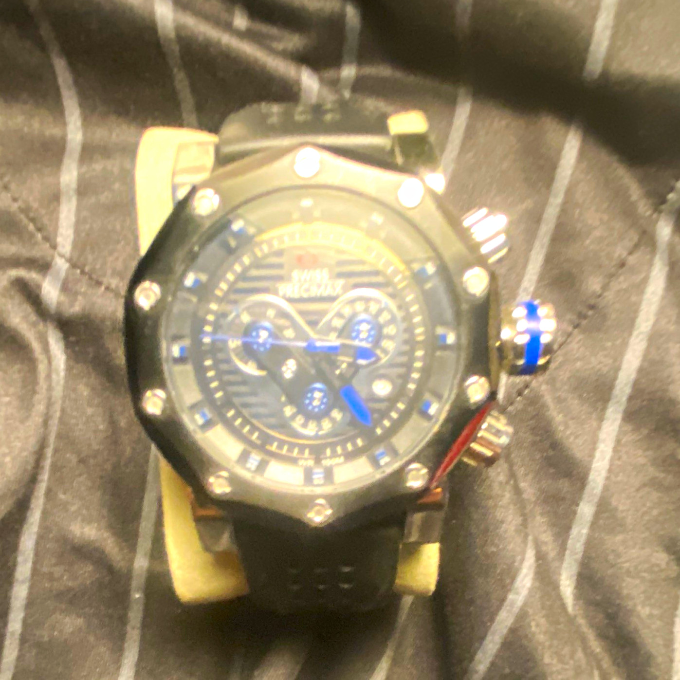 Swiss Precimax Quartz Chronograph Men’s 52mm Black/Blue Dial Date Rubber 100m