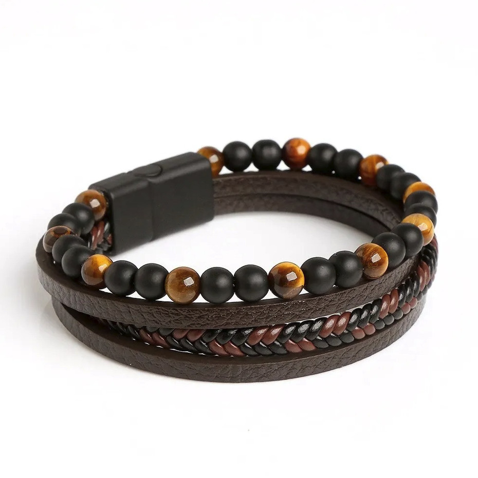 1pc Men Leather Tiger Eye Beaded Bracelet Multi Layer Wrap Style – NEW