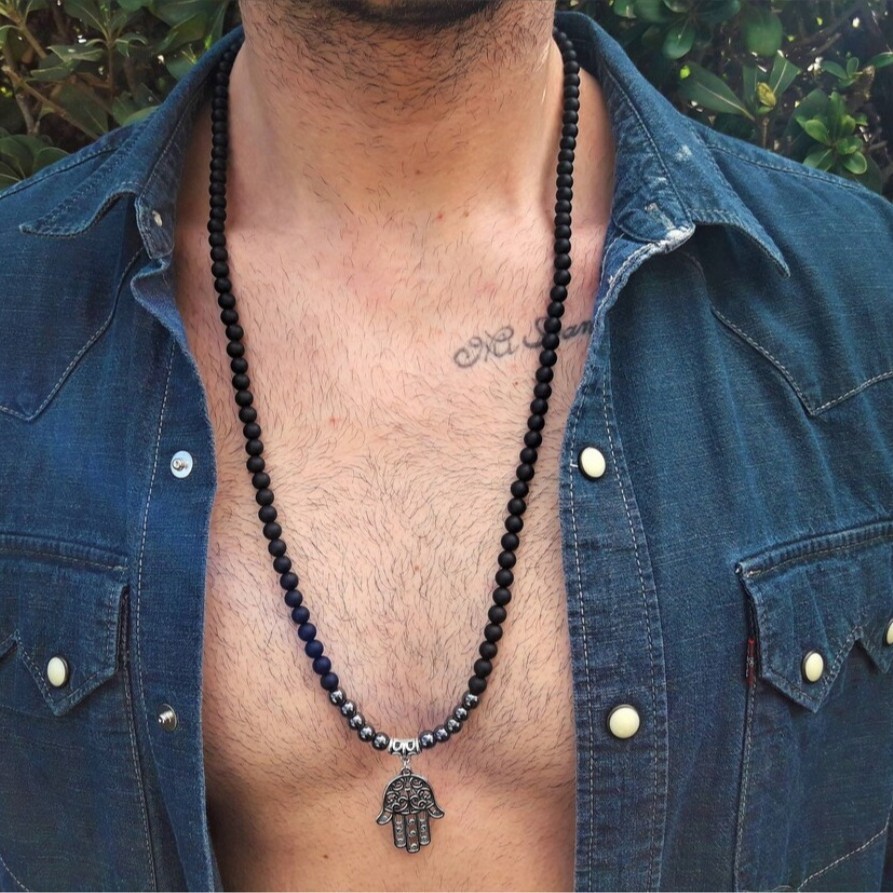 Natural Stone Pendant Necklace Fatima Hand Obsidian Onyx Beaded Hamsa Necklace