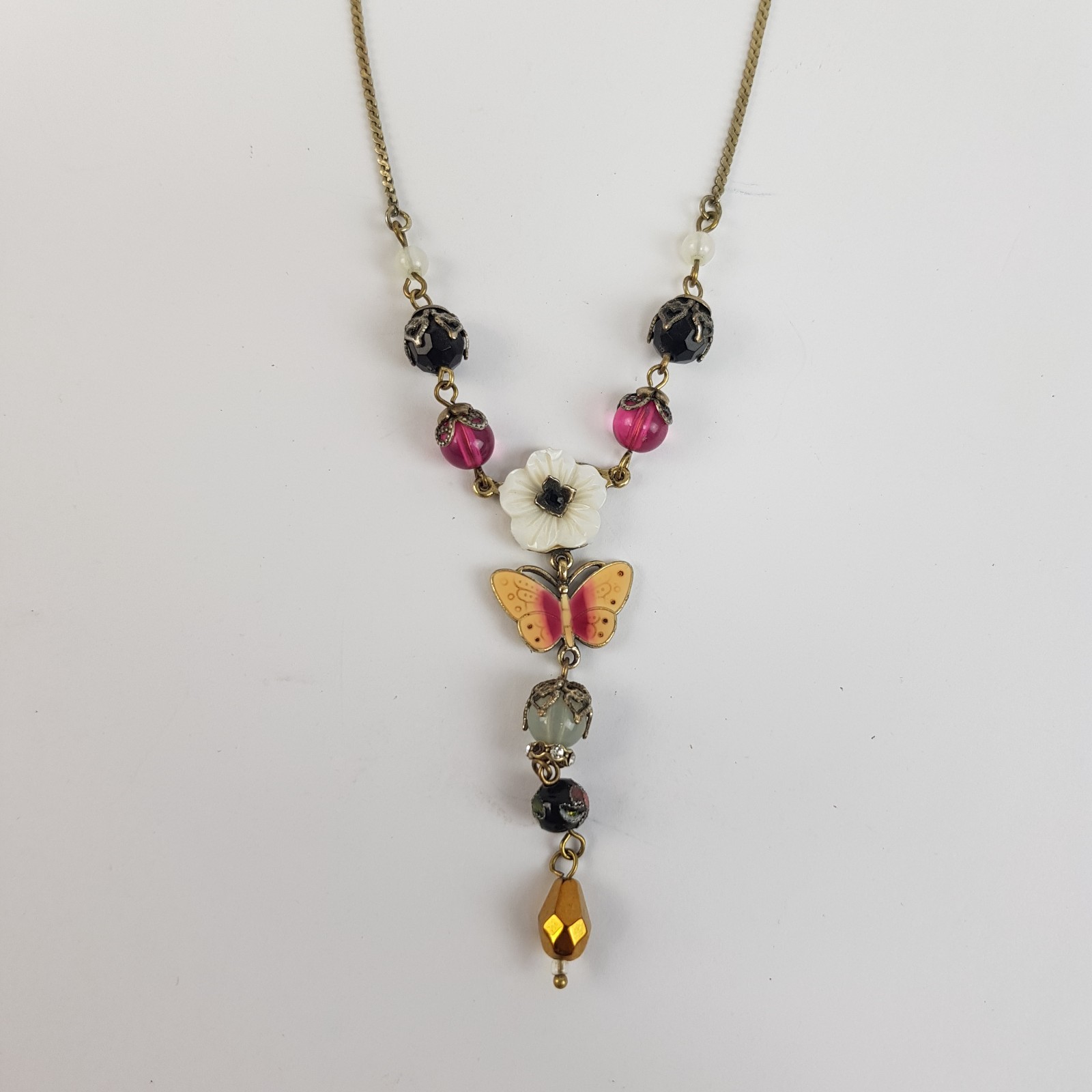 Accessorize Bronze Tone Enamel Butterfly & Shell Flower Design Necklace Unboxed