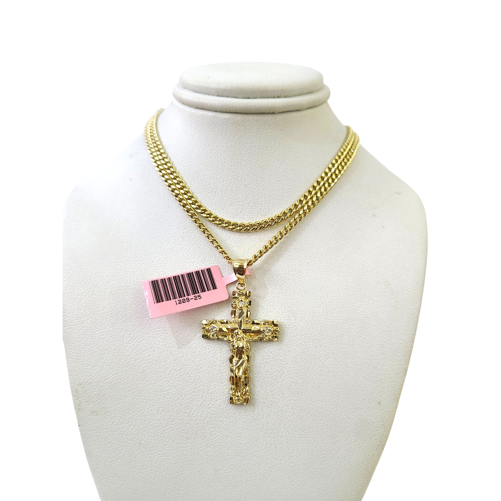 14K Gold Miami Cuban Link Chain Nugget Cross Charm Pendant Set 3mm 18″–28″