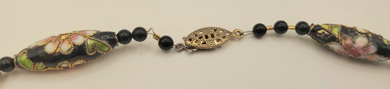 Vintage Black Cloisonne Hand Painted Floral 16″ Necklace & 2 Pr. Earrings