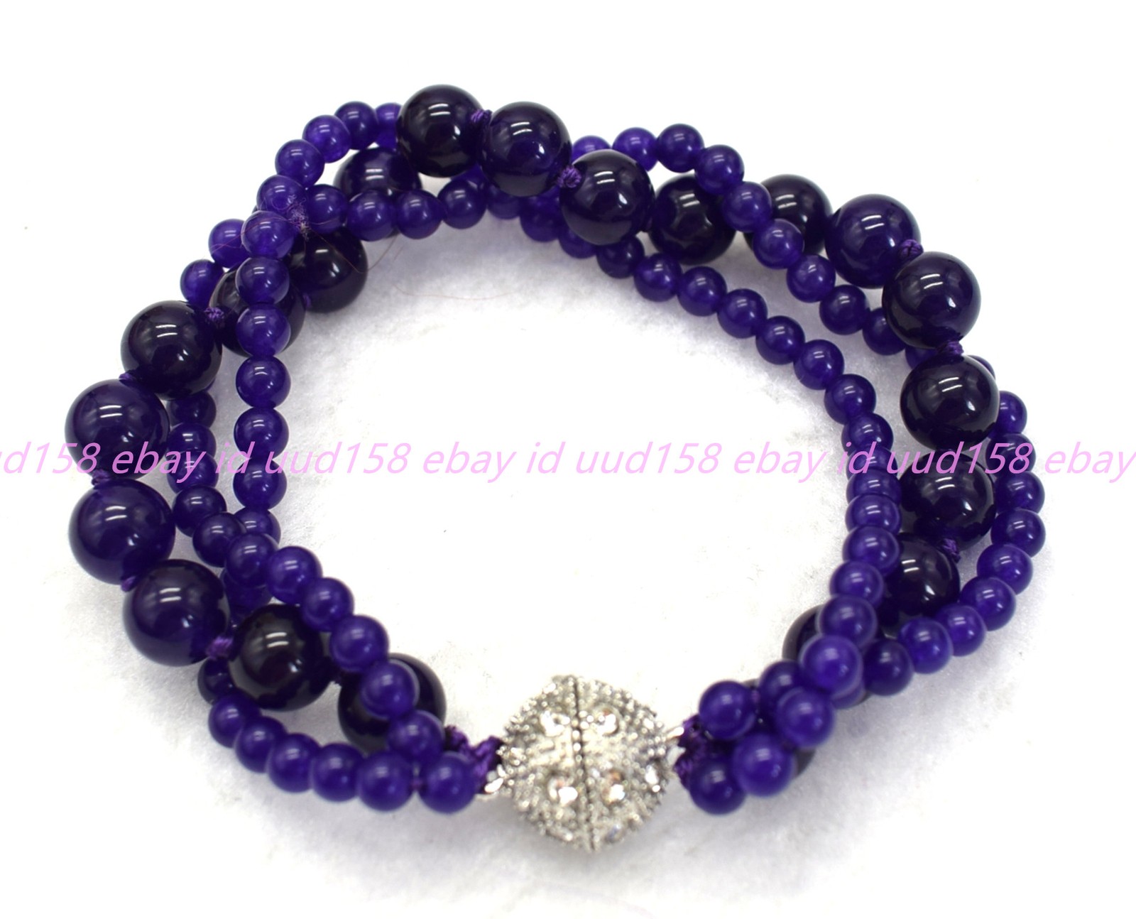 Pretty Natural 3 Rows 4+8mm Purple Jade Gemstone Round Beads Bracelet 7-9in