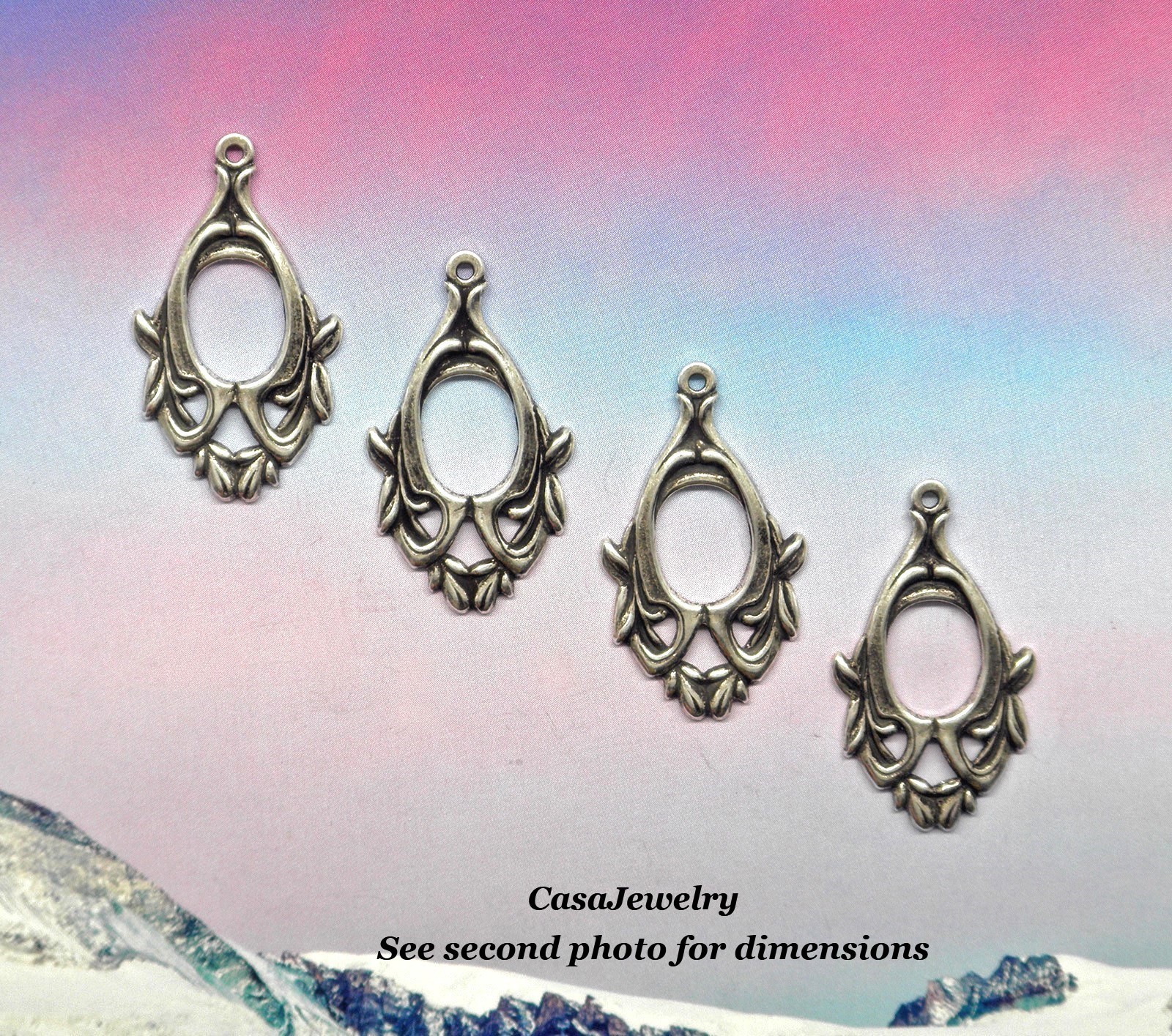 #0525 ANTIQUED .925 STERLING SILVER PLATED OPEN DROP W/TOP HANG RING- 4 Pcs