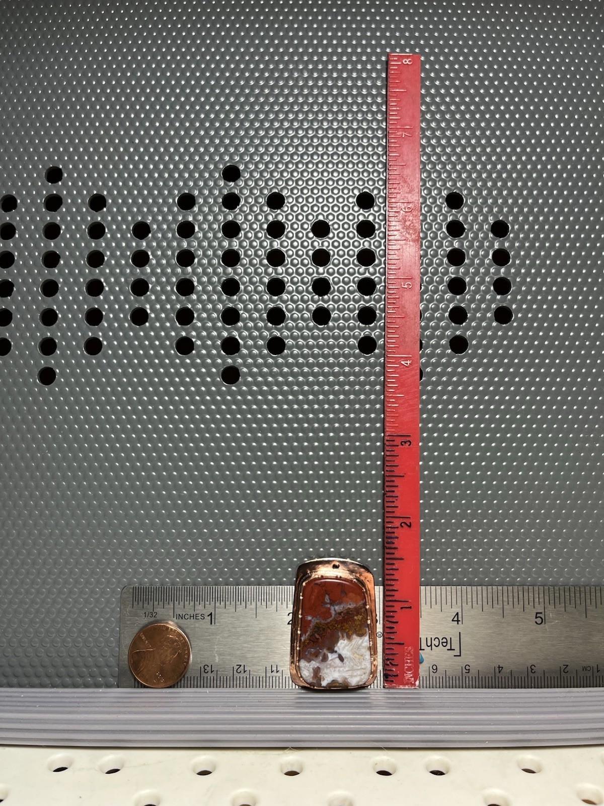 Red And White Moroccan Agate Hand Formed In Copper. Pendant Number 159