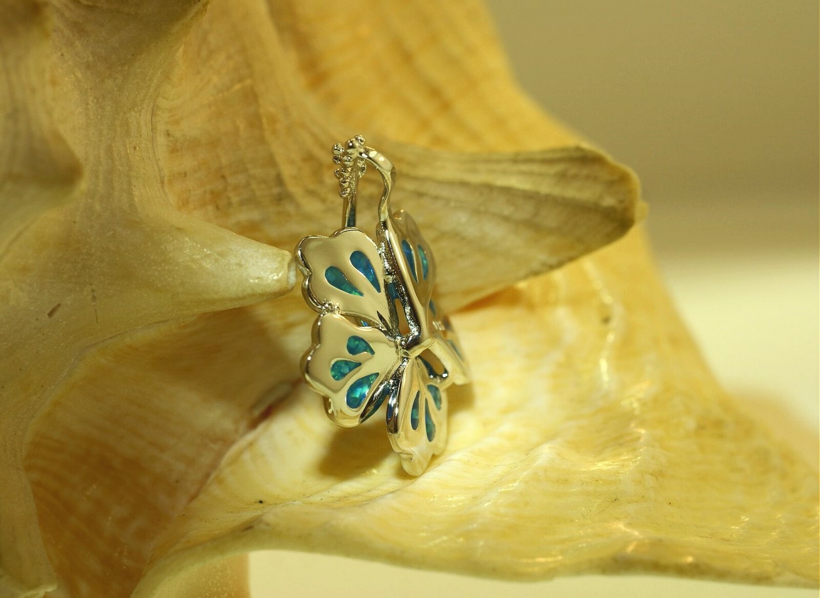 22.5MM RHODIUM 925 STER SILVER INLAID BLUE OPAL HAWAIIAN HIBISCUS SLIDE PENDANT