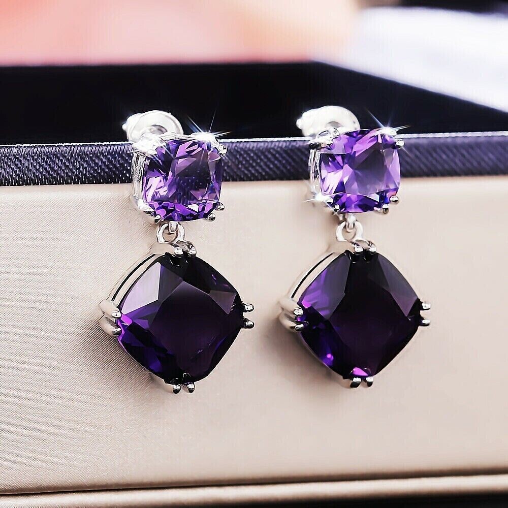 4Ct Cushion Cut Simulated Amethyst Drop/Dangle Earrings In 14K White Gold Plated