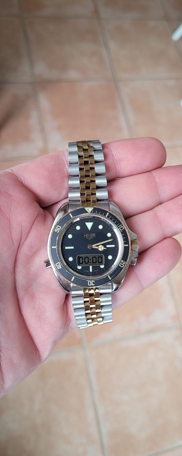 Pre TAG Heuer Jumbo 980.027 Mens 1000 Series Watch Black Gold Ana-Digital Rare