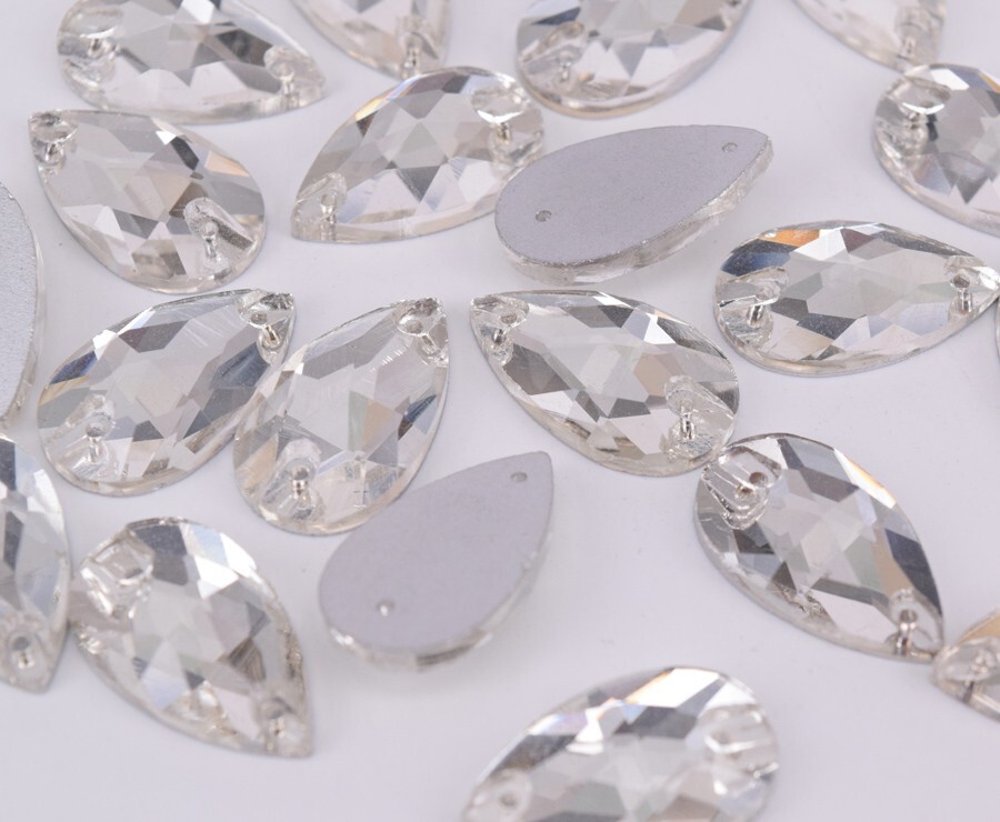 100 pcs Glass Crystal Clear Sew On Rhinestones Tear Drop Flatback Size Selection