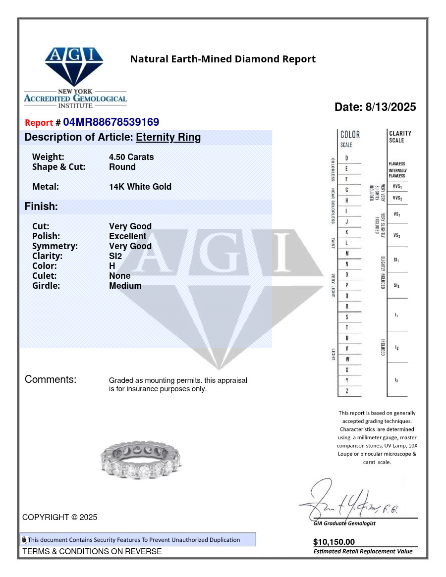Classic Eternity Wedding Ring Solid 14K Gold 4.50 CT Round Natural Diamond H SI2