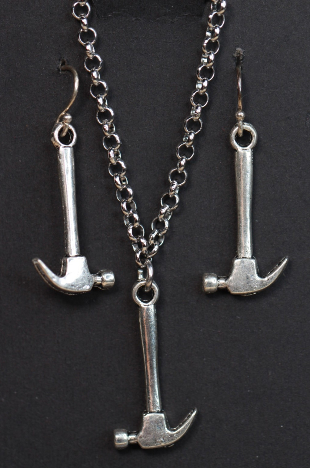 Hammer Tool Necklace Set Earrings Silver Pewter Charms, Sterling Silver Hooks