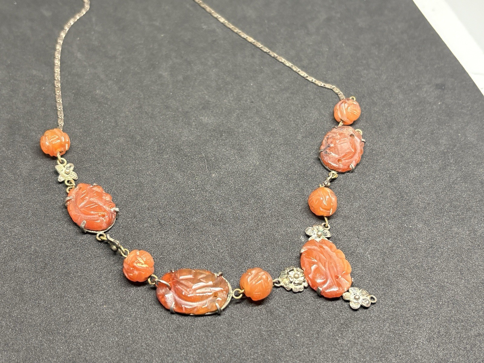 Vintage Chinese Export Silver Tone Filigree Carved Carnelian Lavalier Necklace