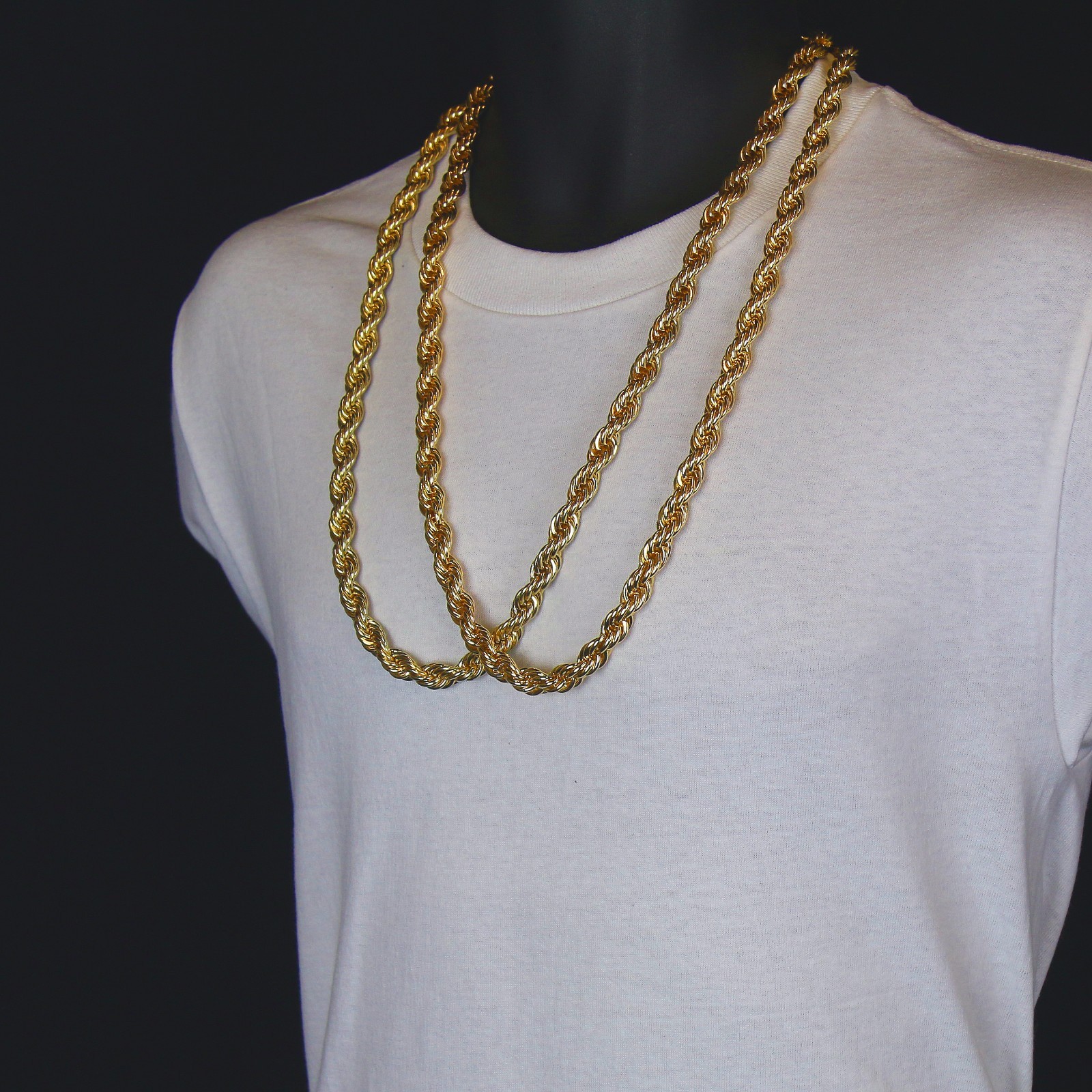 Men’s 24K Gold Plated Two 10mm 30″ Thick Rope Chain Hip Hop Style Necklace Set