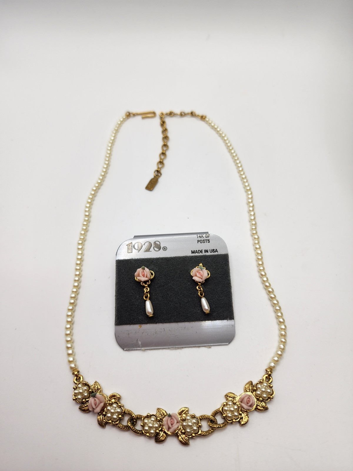 1928 Vintage Porcelain Rose Pearl Choker Necklace Earrings Set Victorian Revival