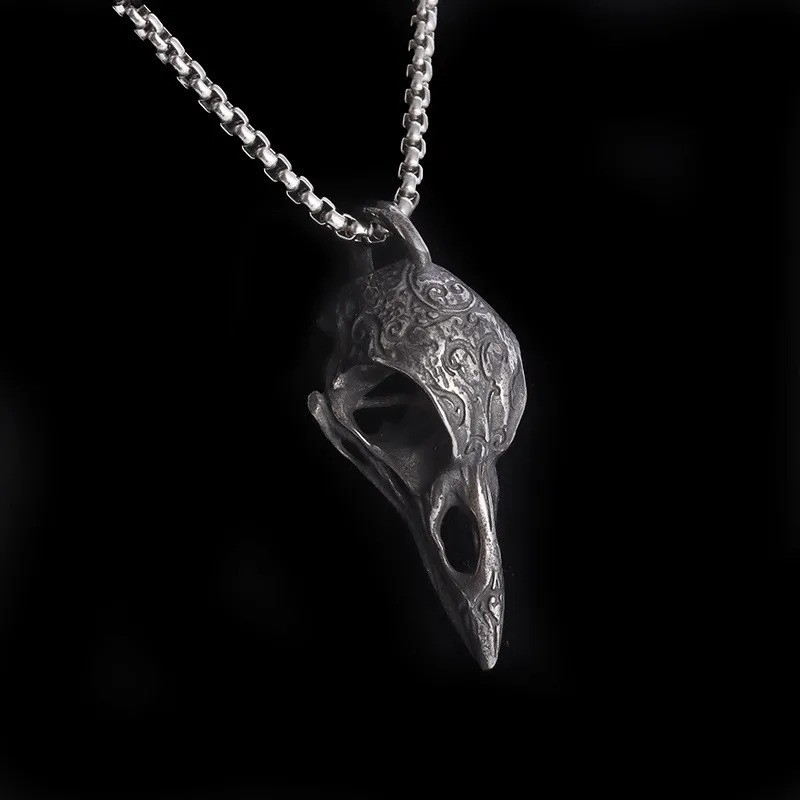 Retro Nordic Crow Skull Pendant Necklace Men Animal Bird Jewelry Amulet Gift