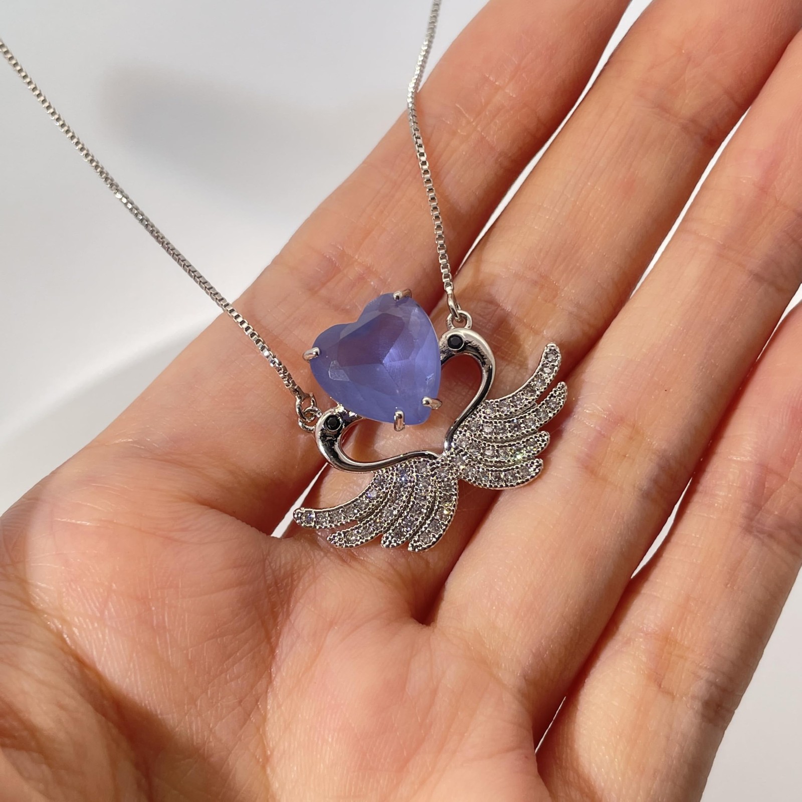 18K Gold Plated Heart & Angel Wings Necklace for Women with CZ, Adjustable Chain