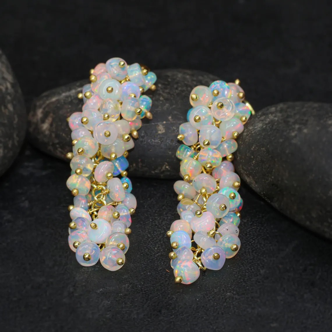 White Ethiopian opal gemstones 18k gold handmade earrings jewelry to Gift her b5