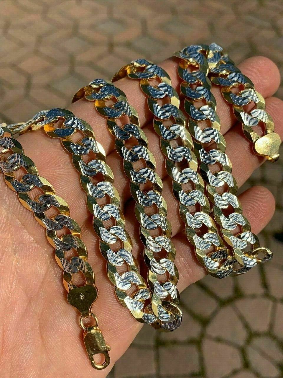 Mens Diamond Cut 11mm Miami Cuban Chain 14k Gold Plated Solid 925 Silver TwoTone